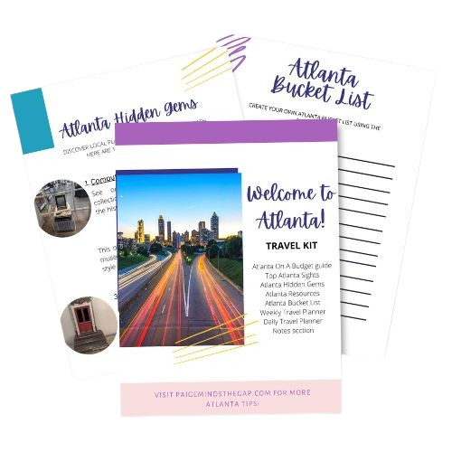 Image of a travel kit for Atlanta, featuring a cityscape with light trails, and pages titled 'Atlanta Bucket List' and 'Atlanta Hidden Gems.'