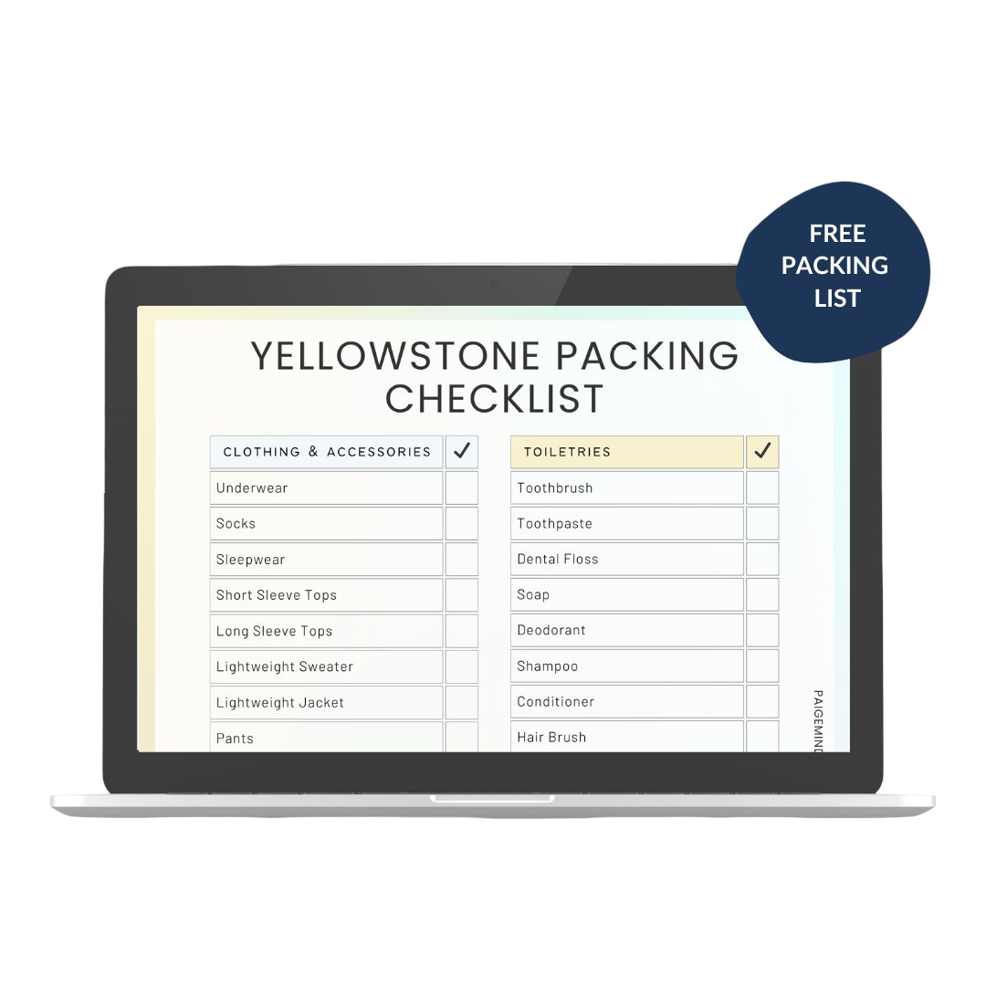 Laptop displaying a Yellowstone packing checklist, divided into 'Clothing & Accessories' and 'Toiletries.' A blue sticker reads 'FREE PACKING LIST.'
