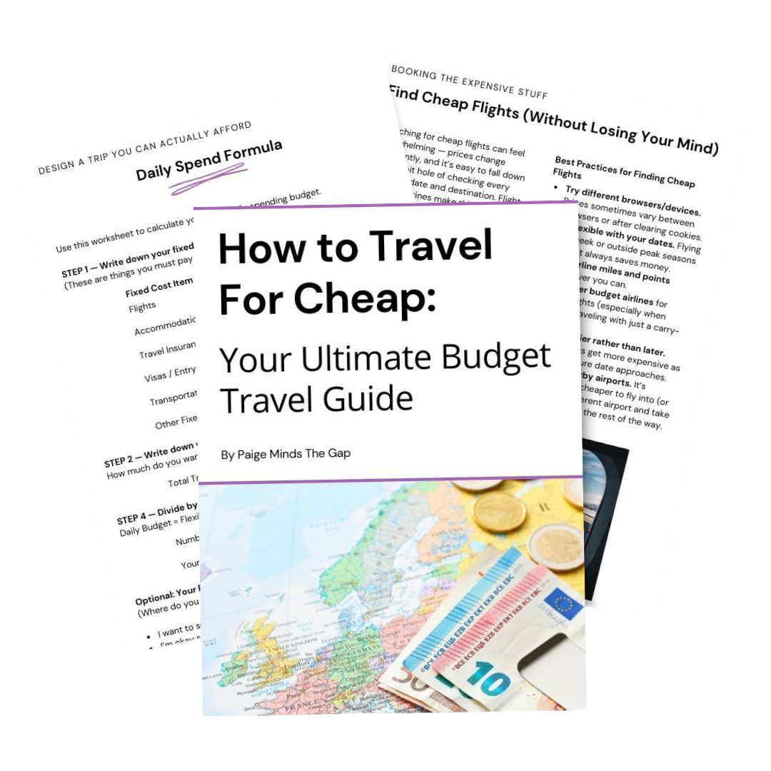 A set of three overlapping travel-themed workbook pages is displayed, with the center page titled “How to Travel For Cheap: Your Ultimate Budget Travel Guide.” The surrounding pages show budgeting steps and tips for finding cheap flights, while the bottom image features a map, Euro bills, and coins.