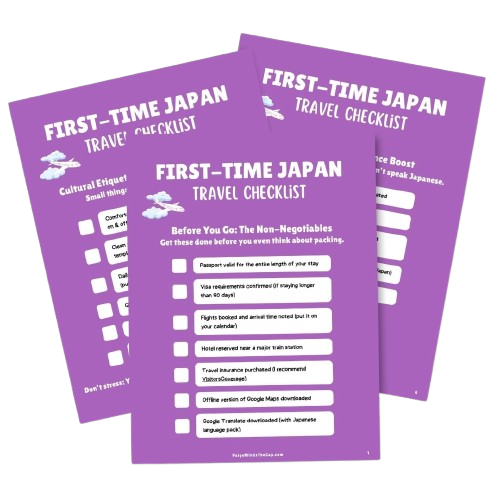 Three overlapping purple pages titled ‘First-Time Japan Travel Checklist,’ showing a printable checklist with checkboxes and sections like pre-trip essentials, cultural etiquette, and travel prep, designed for first-time visitors to Japan.
