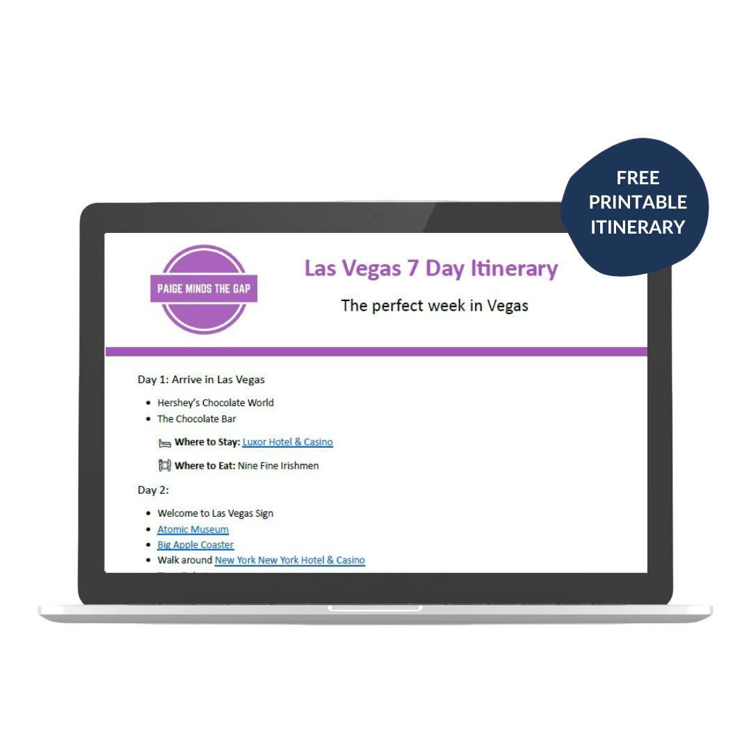 Graphic of a laptop screen displaying a ‘Las Vegas 7 Day Itinerary’ titled ‘The perfect week in Vegas.’ The itinerary includes daily bullet points such as Hershey’s Chocolate World, the Welcome to Las Vegas Sign, and hotel and dining suggestions. A purple logo reading ‘Paige Minds the Gap’ appears at the top, and a blue circle in the corner says ‘Free Printable Itinerary.’