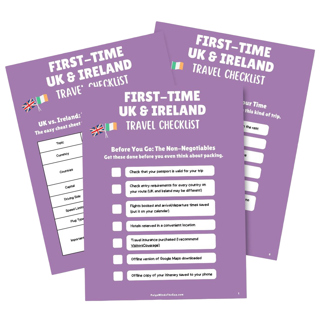 Three purple pages from a first-time UK and Ireland travel checklist, fanned out to show sample packing and planning pages.