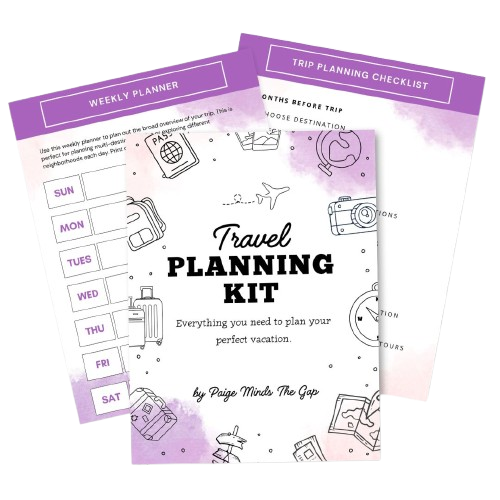 Purple and white printable travel planning pages fan out behind a central cover with simple travel illustrations. Visible text reads "Weekly Planner", "Trip Planning Checklist", "Travel Planning Kit", "Everything you need to plan your perfect vacation", and "by Paige Minds The Gap".